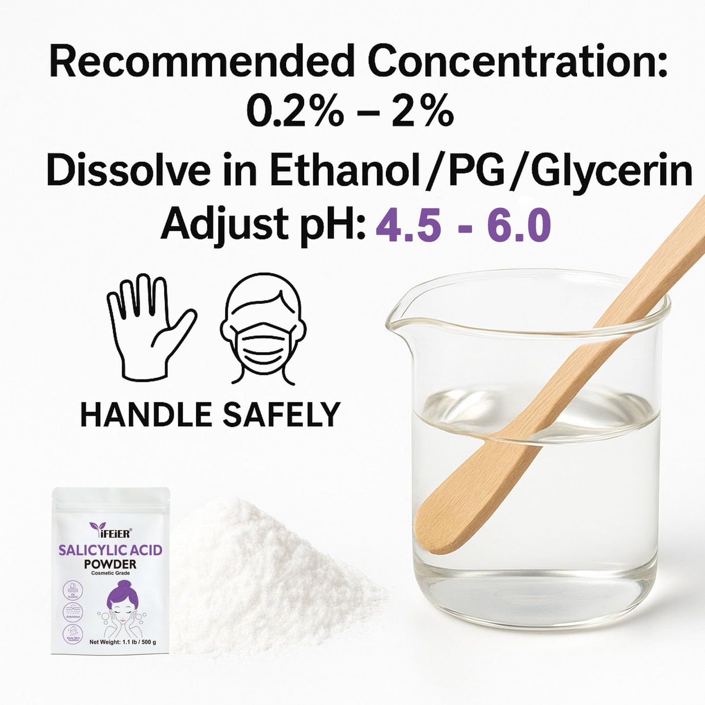 iFEiER Pure Salicylic Acid Powder | Cosmetic Grade Salicylic Acid 1.1 LB (500 g) | acido salicilico powder for DIY BHA Exfoliant, Hair & Industrial Use | Make Serum