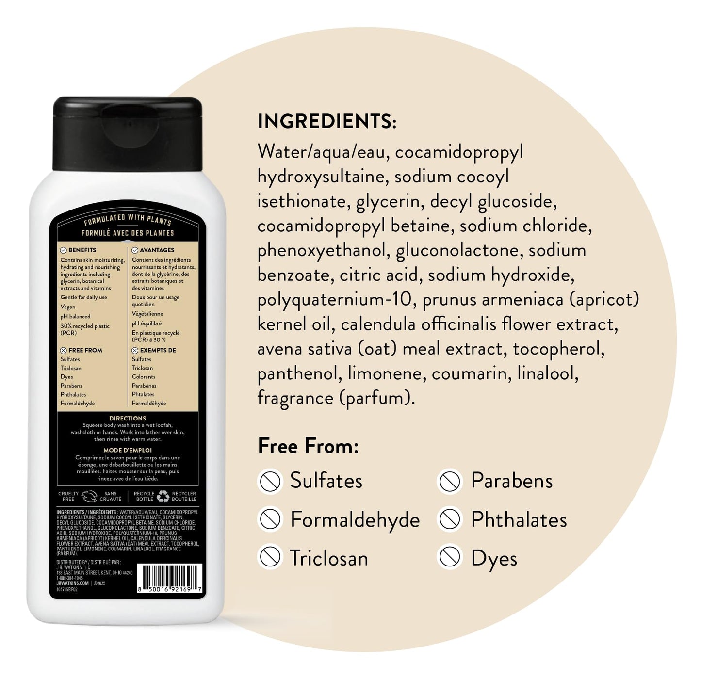 J.R. Watkins Body Wash Men's Sandalwood Vanilla, 18 fl oz, 2 Pack