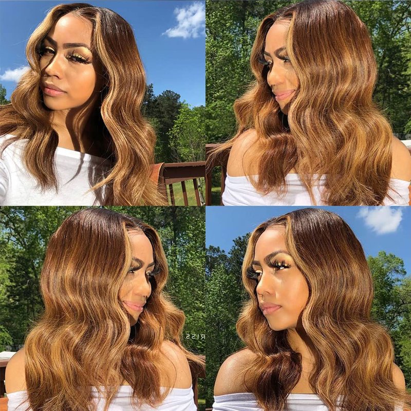 Isufer Highlight Lace Closure Human Hair Pre Plucked With Baby Hair 4/27 Closure Body Wave Brown To Honey Blonde Two Tone Closure Human Hair 4X4 Free Part Bleached Knots Brazilian Virgin Hair 10 Inch