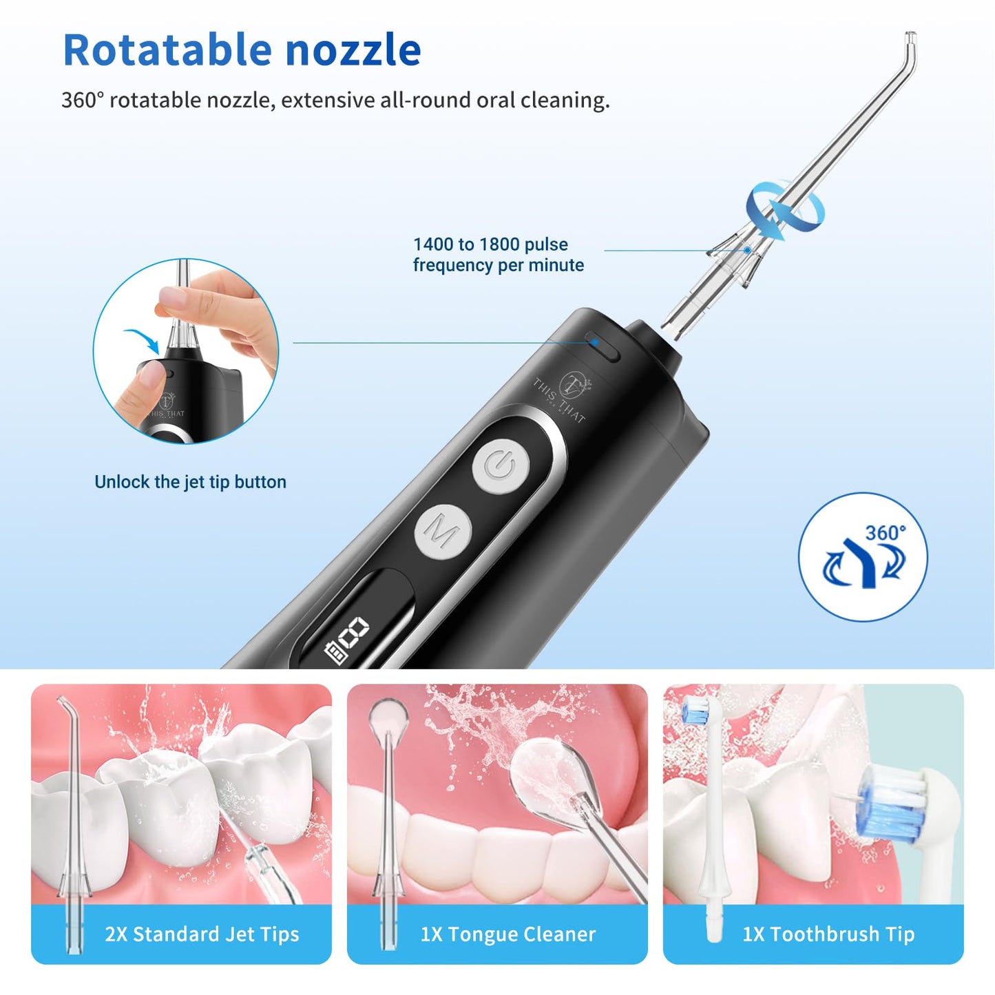 TTFM Dental Electric Water Flosser for Teeth Gums Braces, Dental Portable Flosser, 9 Pressure Modes, 300ml Tank Capacity, Rechargeable IPX7 Waterproof Teeth Cleaner