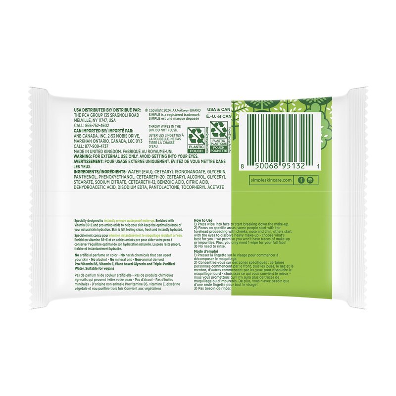 Simple Kind To Skin Micellar Makeup Remover Wipes - Face Wipes Instantly Remove Waterproof Makeup - Enriched with Vitamin B5 and E - Vegan - 2 pc