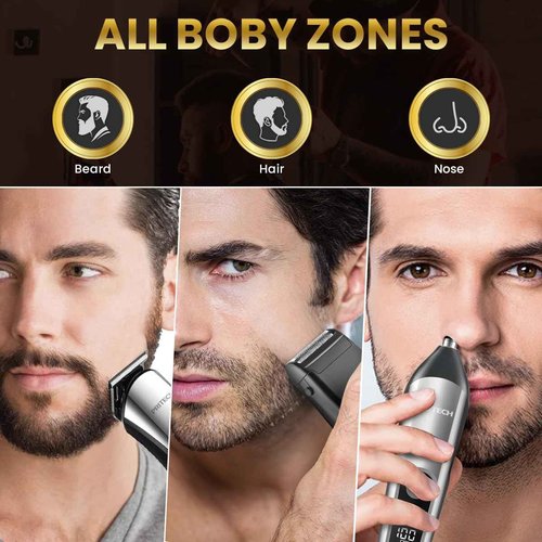 PRITECH Beard Trimmer for Men, 3 in 1 Hair Clippers for Men Kit, Nose,Ear,Micro Electric Shaver, Mens Grooming Set Cordless with LED Display IPX6 Waterproof (Silver)