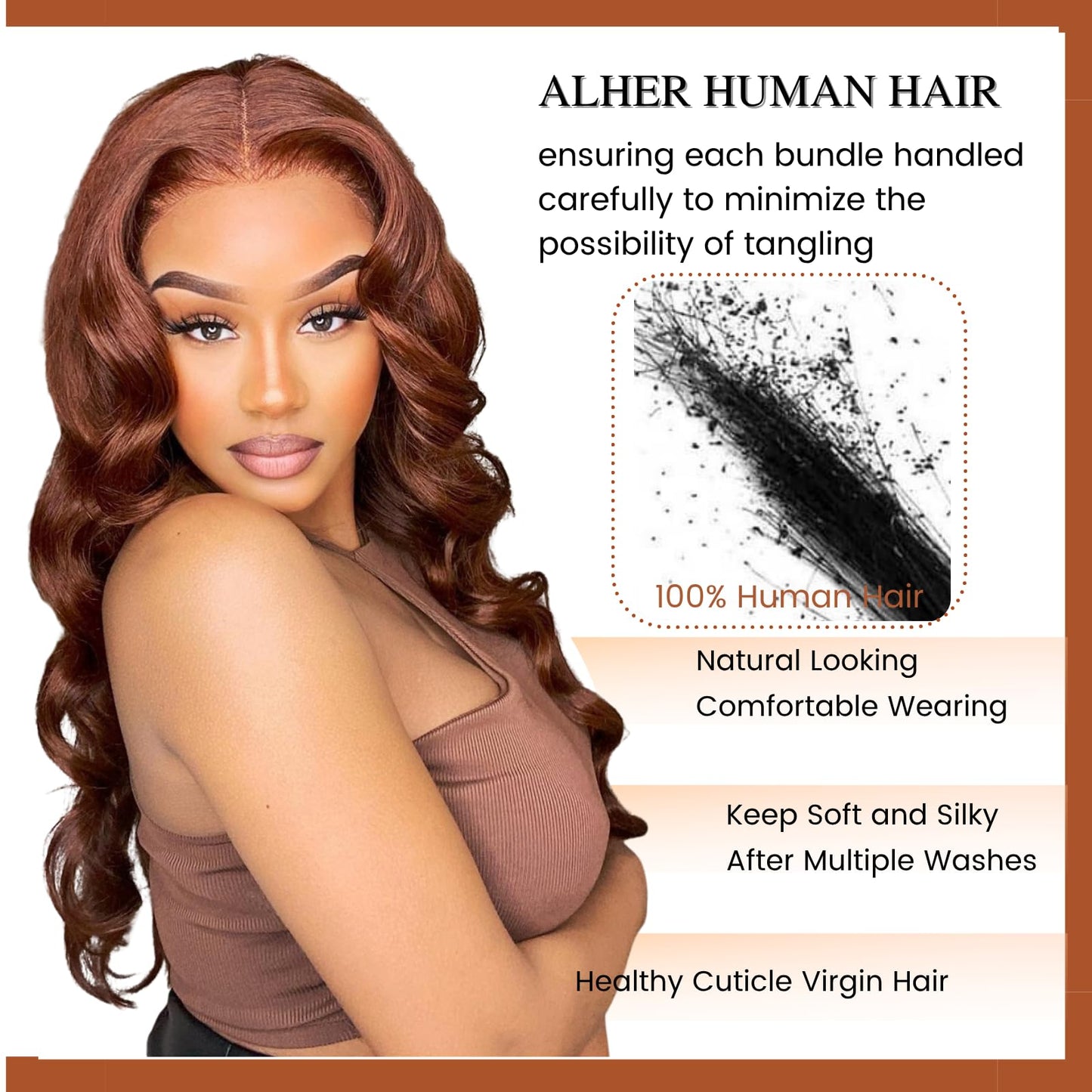ALHER 33 Reddish Brown Body Wave 4x4 Lace Closure, 12A Copper Brown Colored 4X4 HD Lace Closure Free Part Pre Plucked with Baby Hair, 100% Virgin Remy Human Hair for Black Women 150% Density 12 Inch