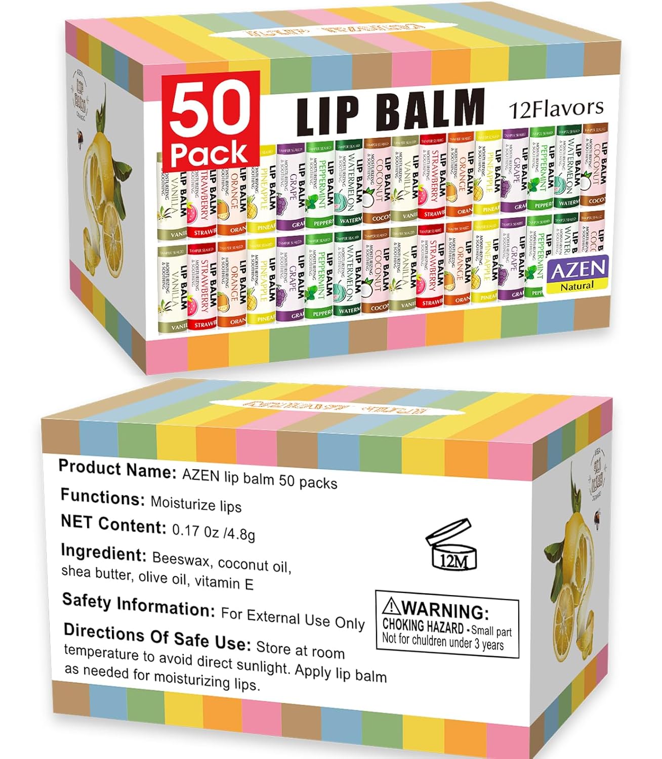 AZEN 24 Pack Lip Balm, Natural Lip Balm Bulk, Lip Care Product, Moisturizing Lip Balms for dry cracked lips - 12 Flavors