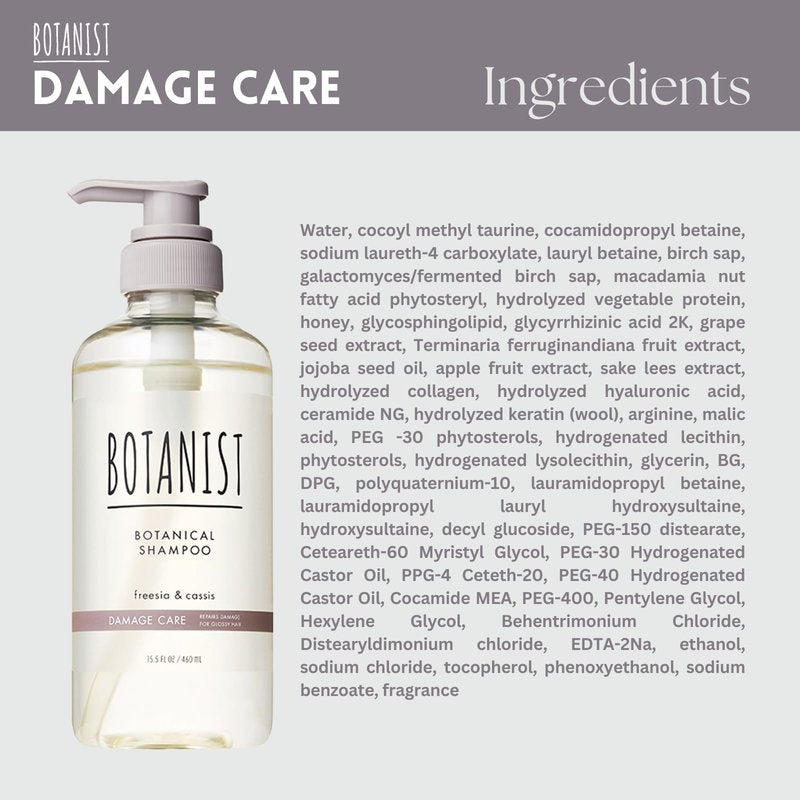Botanist Sulfate Free Shampoo for Color Treated Hair, Organic Shampoo for Women & Men with Collagen, Ceramide, Keratin & Jojoba Seed Oil from Japan, Freesia & Cassis, DAMAGE CARE15.5 Fl Oz, 2EA