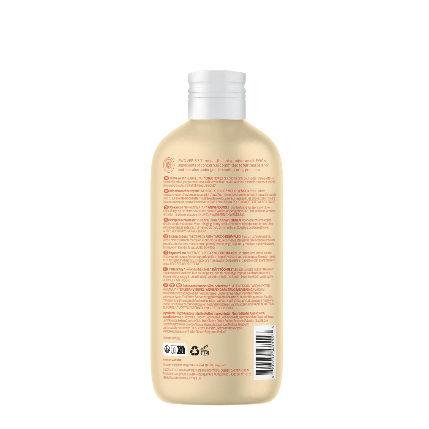 ATTITUDE Bubble Body Wash for Baby, EWG Verified, Dermatologically Tested, Plant and Mineral-Based, Vegan, Pear Nectar, 16 Fl Oz