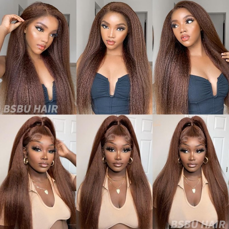 16 Inch Chocolate Brown Kinky Straight Bundles Human Hair 12A Grade 100% Unprocessed Brazilian Virgin Human Hair Weave Yaki Straight Bundles Brown