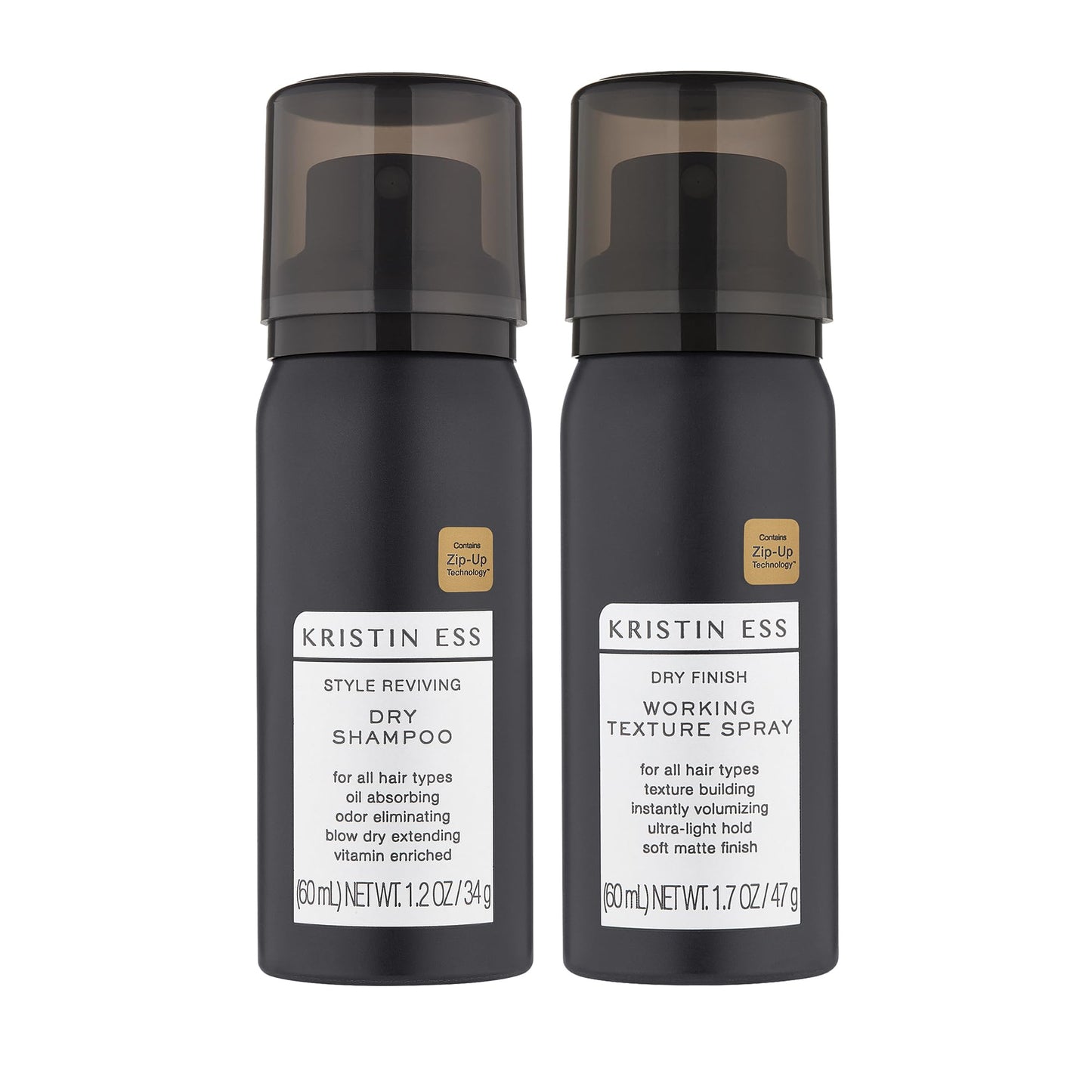Kristin Ess Hair Travel Dry Styling Set - Vitamin C Dry Shampoo Powder Spray + Light Hold Texturizing Spray - Volumizing + Oil Absorbing + Shine Enhancing for Dark, Brunet