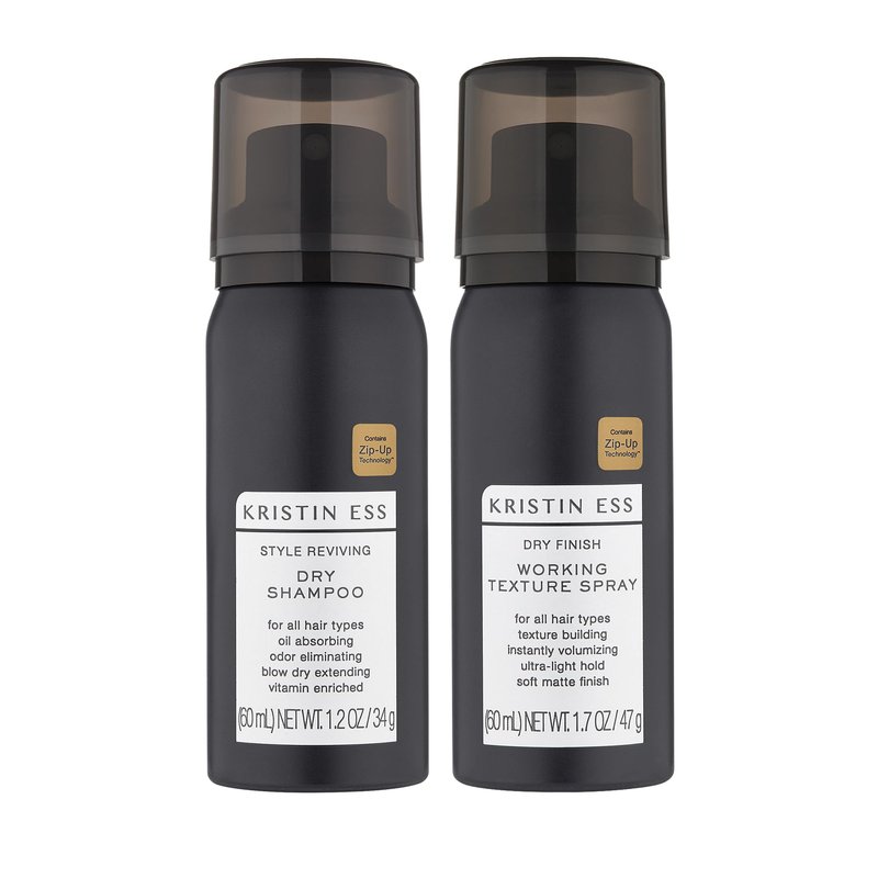 Kristin Ess Hair Travel Dry Styling Set - Vitamin C Dry Shampoo Powder Spray + Light Hold Texturizing Spray - Volumizing + Oil Absorbing + Shine Enhancing for Dark, Brunet