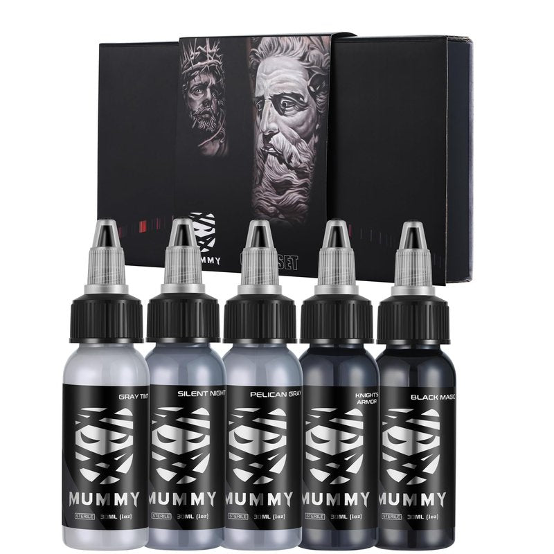 Mummy USA Custom Tattoo Ink Color Gray Set Evenly Long Lasting Vibrant and Bright, No Irritation Set 1 oz Bottles