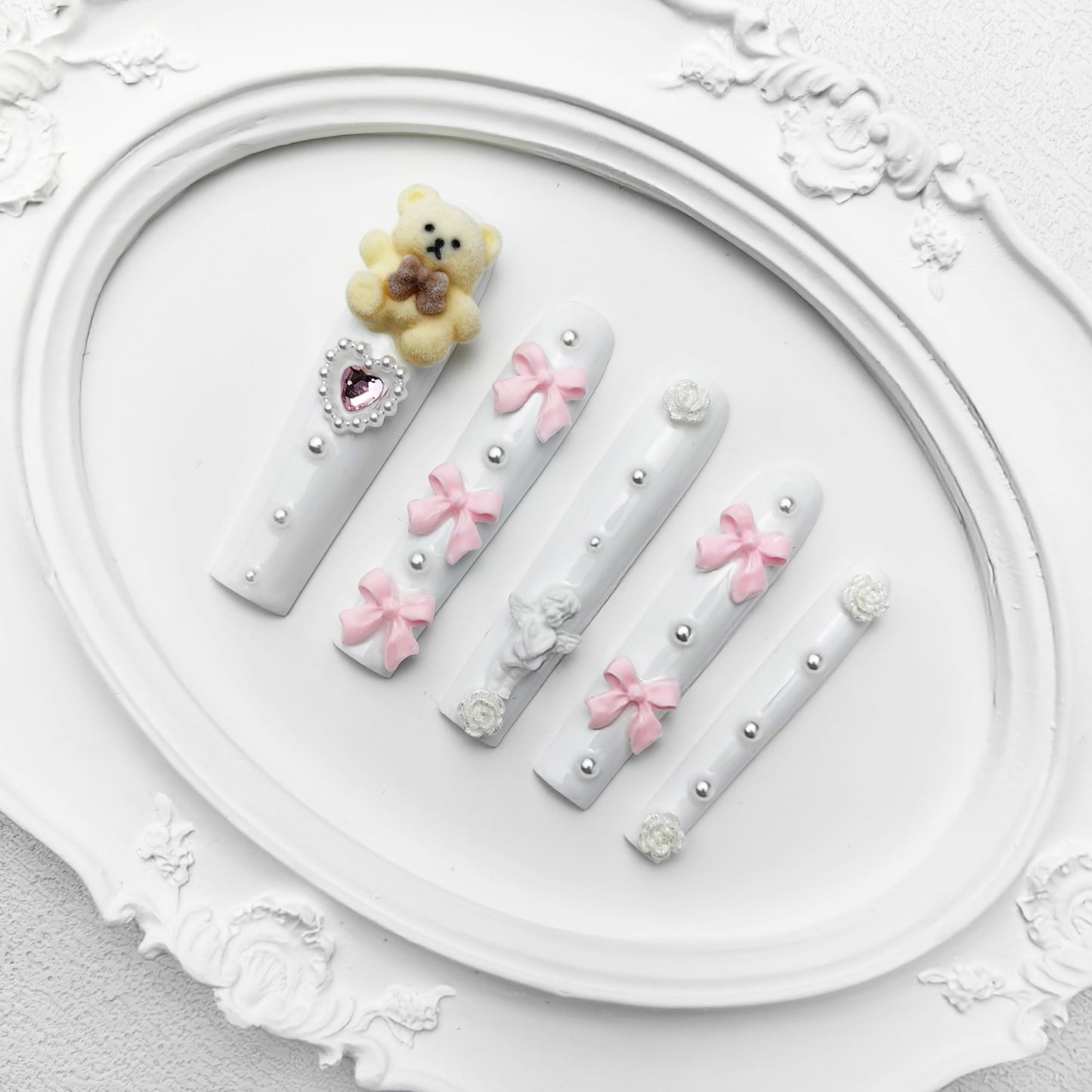 GGddsha 2025 Kawaii Bear Dream Tracks Reusable Handmade PMMA Acrylic Press on Nails w/Box Gifts for Women (Sweet Gummies, M)