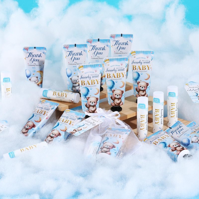50 Pack Lip Balm and Hand Cream Bulk Gifts Sets, Baby Shower Party Favors and Bridal Shower Favors for Guests with Thank You Card and Organza Gift Bags, Thank You Gifts Bulk, Baby Shower Prizes (Bear)