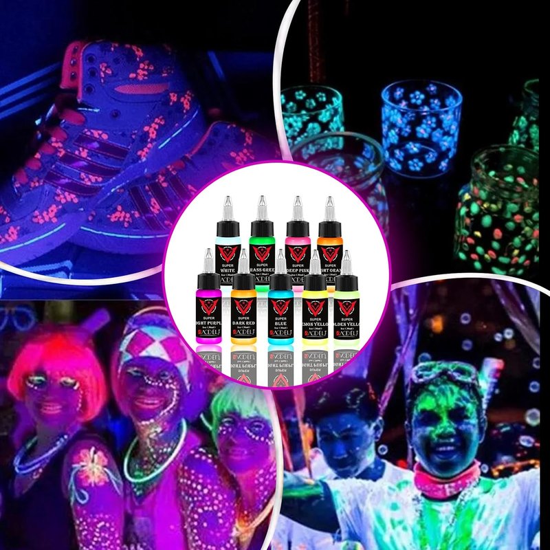 Fluorescent Tattoo Ink Set - 9 Colors for Glow-in-the-Dark Body Art | Skin-Safe 1oz Bottles
