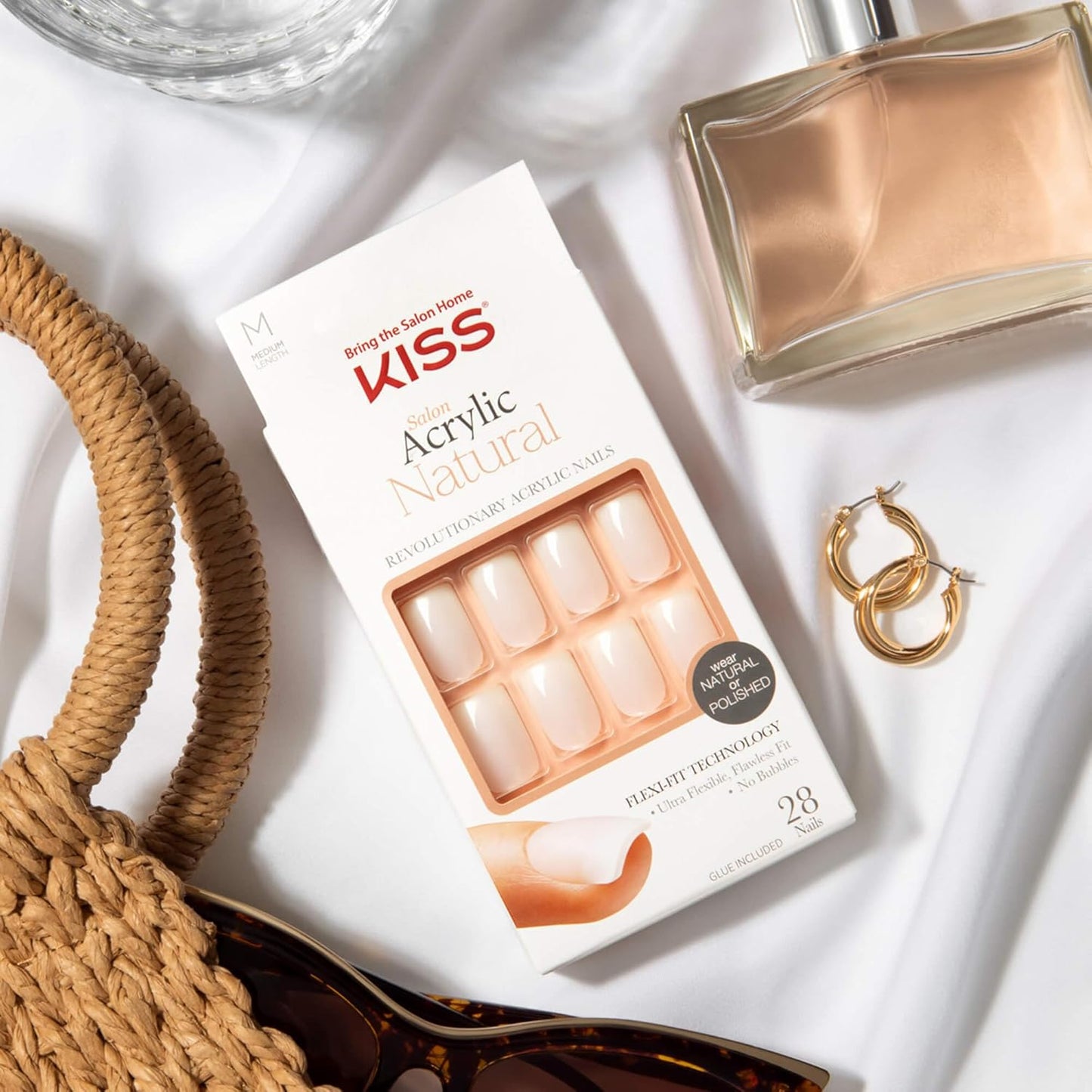 KISS Salon Acrylic Natural Press On Nails, Nail glue included, 'Rare', Nude, Short Size, Squoval Shape, Includes 28 Nails, 2g Glue, 1 Manicure Stick, 1 Mini File