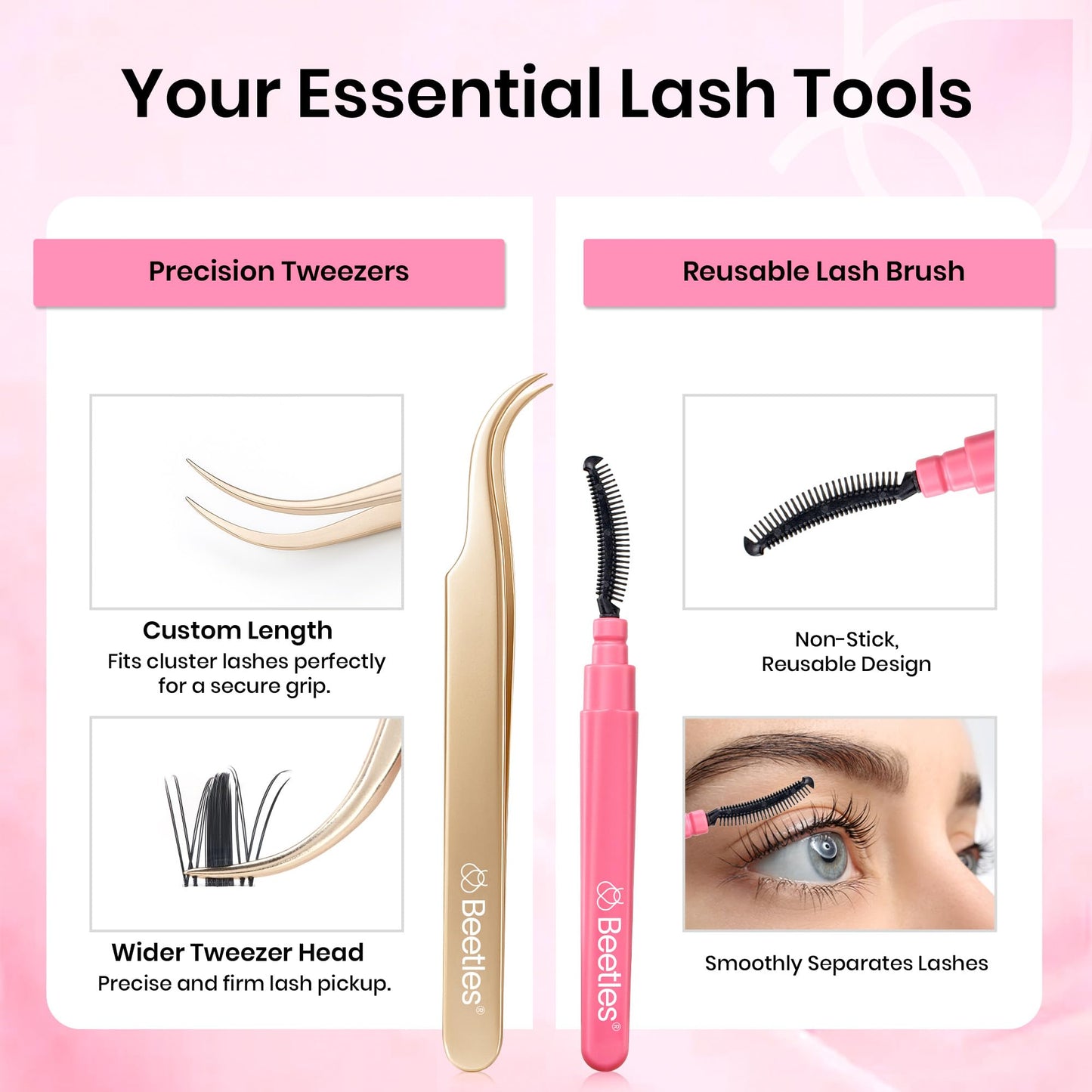 Beetles Lash Clusters Kit Dramatic Fluffy Lash Extension Kit 100 Pcs CC Curl 9-16mm False Eyelash Extension Set with 2-in-1 Bond and Seal Remover Brush Tweezers Eyelash Clusters Tempt KVT082