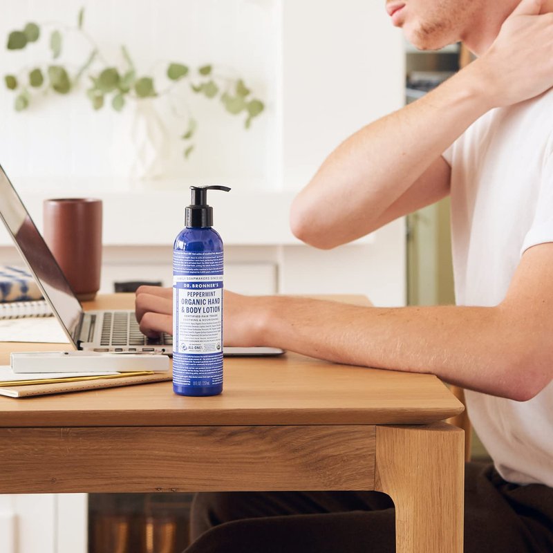 Dr Bronner's Organic Peppermint Hand and Body Lotion, Made with Organic Oils, Used for Face and Body, Certified Fair Trade & Vegan Friendly, 236ml Recycled Bottle