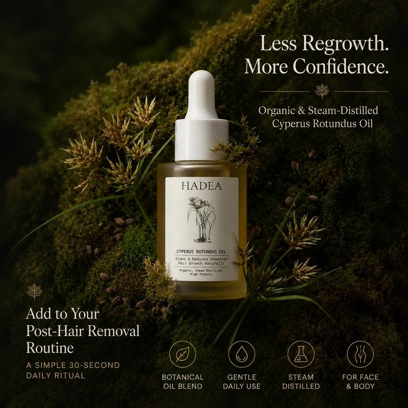 HADEA Cyperus Rotundus Oil to Reduce Hair Growth 100% Organic High-Potency Steam Distilled Cyprus Nutgrass Cypress Inhibitor | Cypress Rotundus Oil For Pcos, Hirsutism, Any Unwanted Hair 30ml