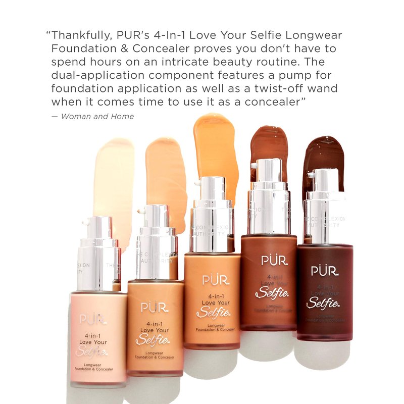 PÜR MINERALS 4-in-1 Love Your Selfie Foundation & Concealer - Longwear Full Coverage Liquid Makeup Foundation with Hydrating Blend for Refined-Looking, Natural Beauty Glow, Skin Texture & Tone