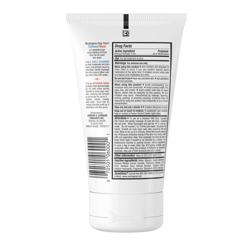 Neutrogena Clear Pore 2 in 1 Facial Cleanser/Face Mask with Kaolin & Bentonite Clay & 3.5% Benzoyl Peroxide Acne Treatment Medication, Daily Face Wash & Shine Control Clay Mask, 4.2 fl. oz, 3 Pack