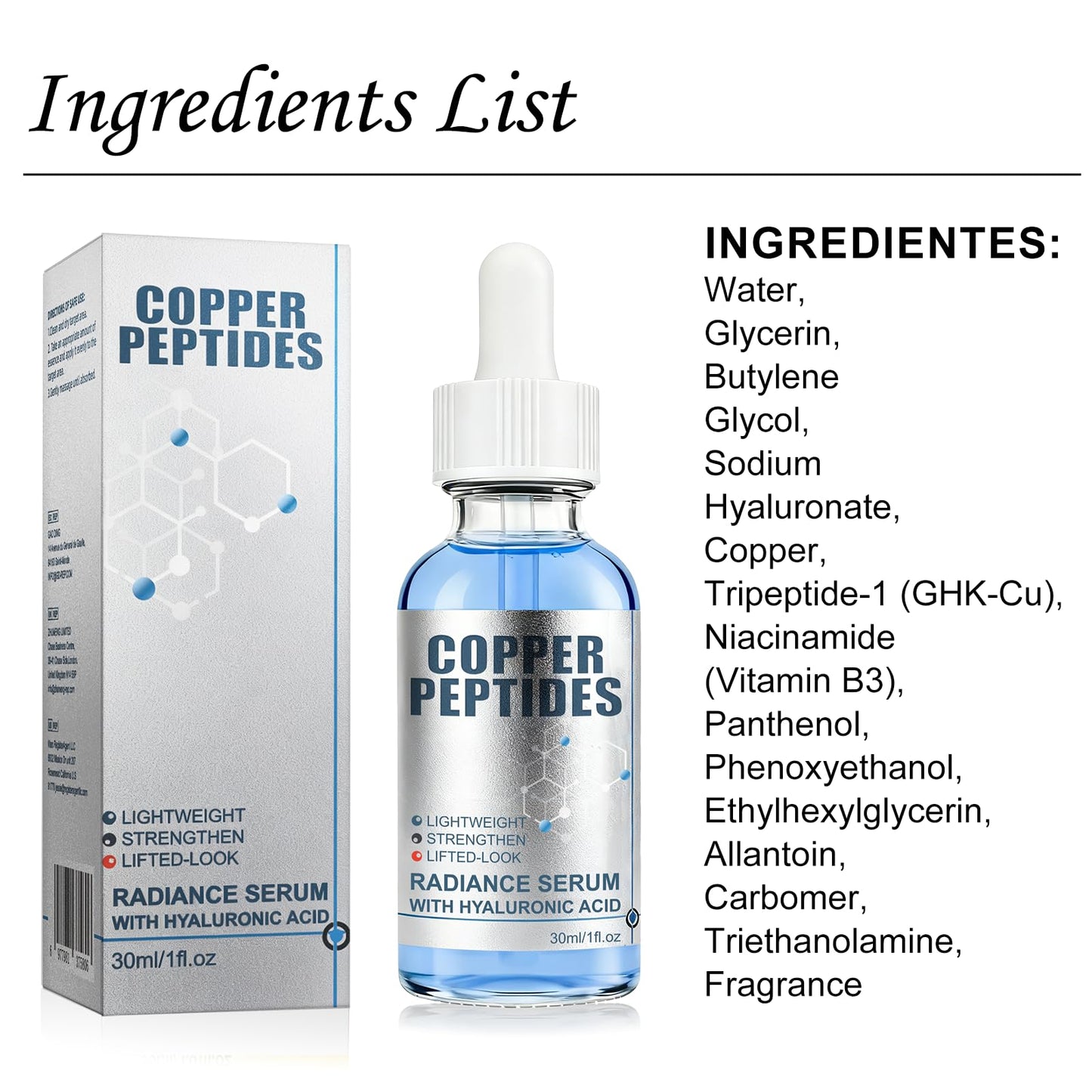 GHK-Cu Copper Peptide Facial Serum with Hyaluronic Acid, Lightweight Deep Hydration Face Serum, Smooth & Plumping Feel