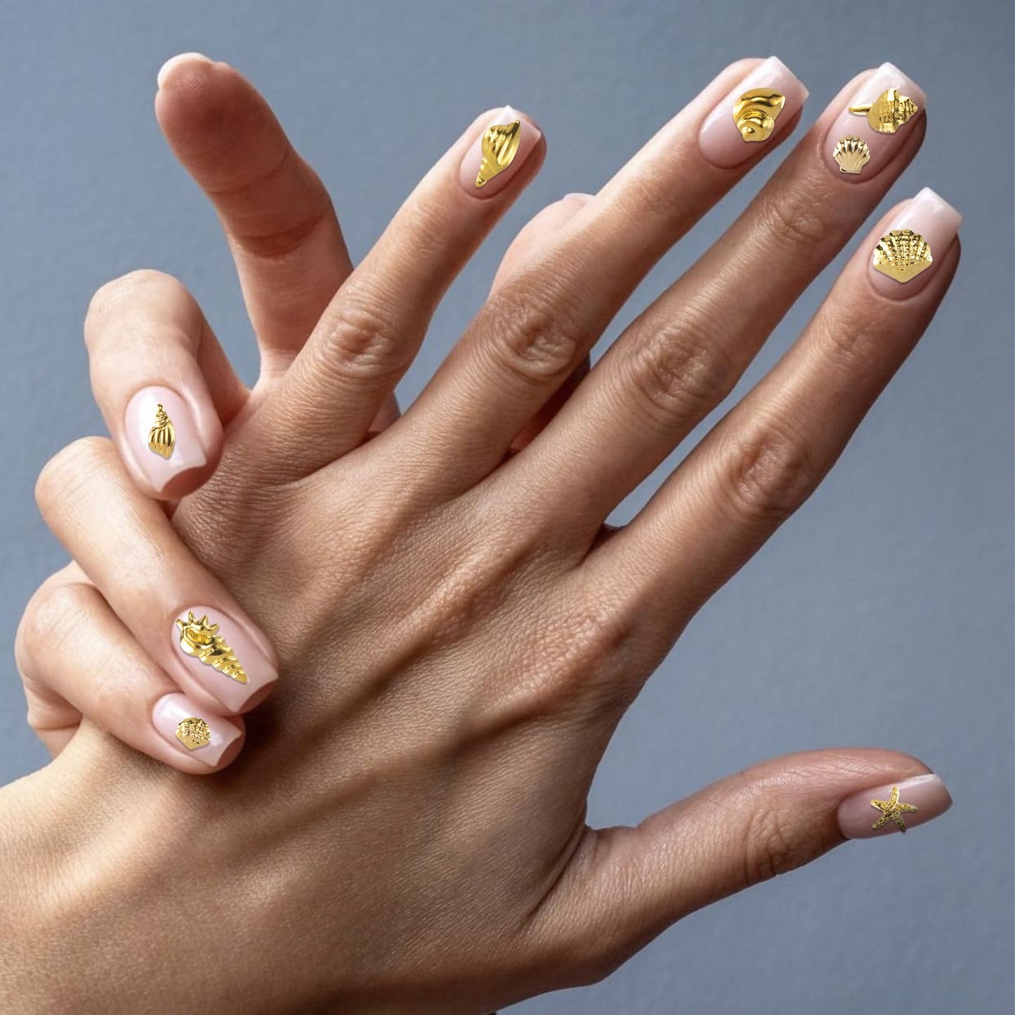 BEIQIYA 2 Disc 3D Metal Nail Charms, Starfish Seashell Manicure Art Decals, 12 Styles Nail Decor DIY Embellishments for Scrapbook Bookmarks Invitation- Gold