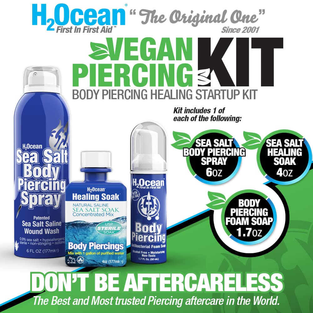 H2Ocean Complete Sea Salt Saline Body Piercing Healing Kit - Vegan Cleansing Solution for All Body Piercings