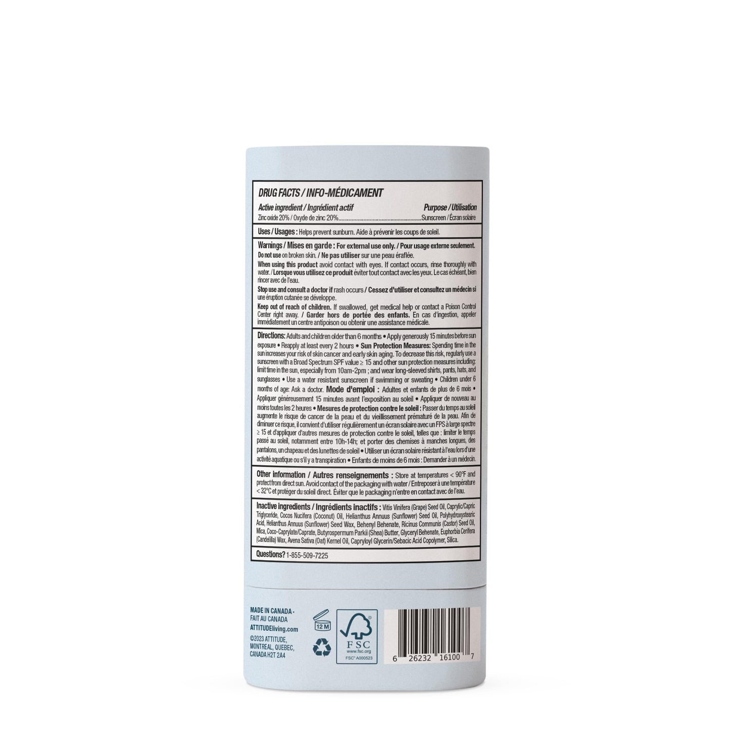 ATTITUDE Mineral Sunscreen Stick for Sensitive Skin, SPF 30, EWG Verified, Plastic-Free, Broad Spectrum UVA/UVB Protection with Zinc Oxide, Dermatologically Tested, Vegan, Unscented, 2.1 Ounces