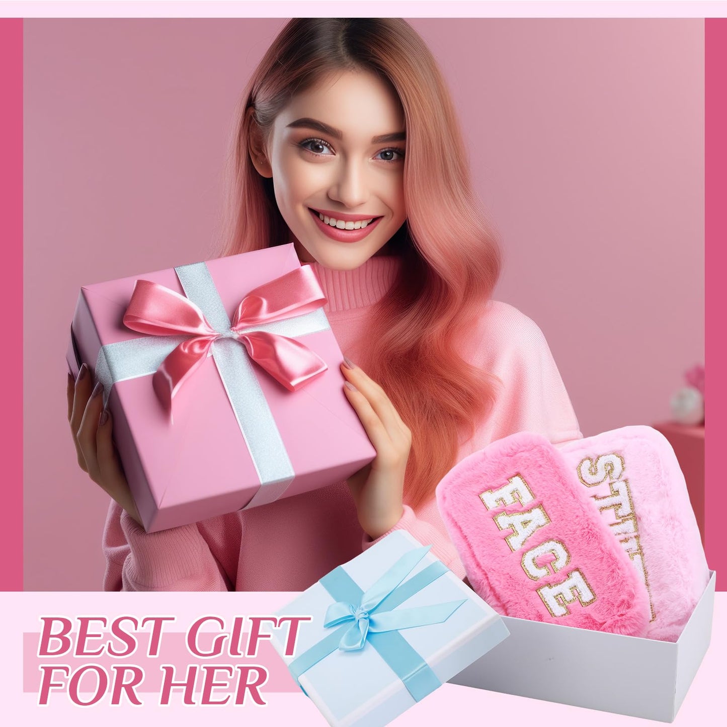 Paterr 4 Pieces Preppy Makeup Bag Chenille Letter Faux Fur Fluffy Bag Preppy Stuff Face Skin Hair Stuff Cute Toiletry Cosmetic Travel Bags Pouch with Zipper for Girls Women(Pink)