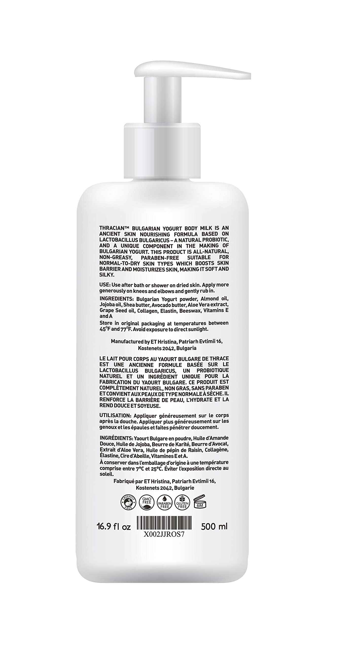 Thracian Bulgarian Yogurt Natural Moisturizing Body Milk with Essential Oils, Collagen, Vitamins E & A, Extra Soothing Lotion for Sensitive and Dry Skin, Non-Greasy, 500 ml, 16.9 Fl Oz