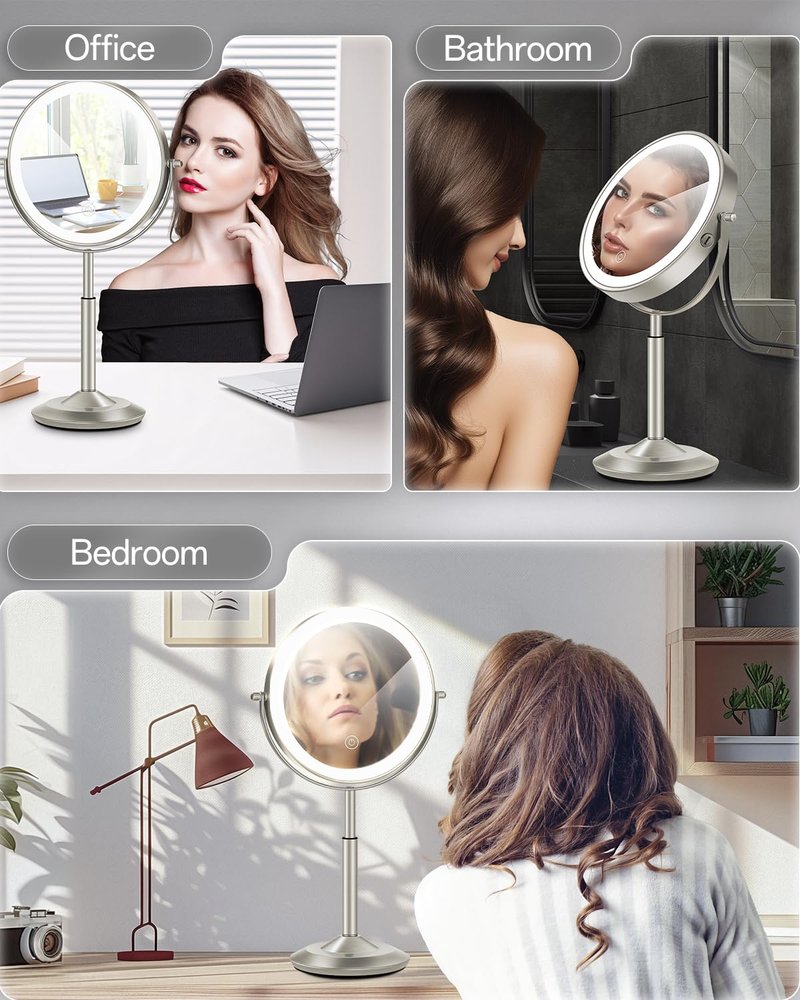 vpu Makeup Mirror with Lights, 1X/30X Lighted Magnifying Mirror Height Adjustable, 3000mAh Rechargeable Double Sided Vanity Mirrors with 3 LED Lighting and Adjustable Brightness for Desk Women Gift