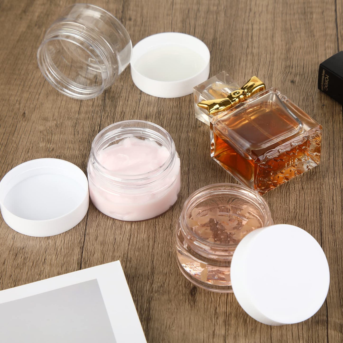 SATINIOR 100 Pcs Plastic Jars with Lids Small Containers Lids Wide Mouth Small Plastic Containers for Lotion Cream Rhinestones Body Butters Travel Storage (2 oz,White)