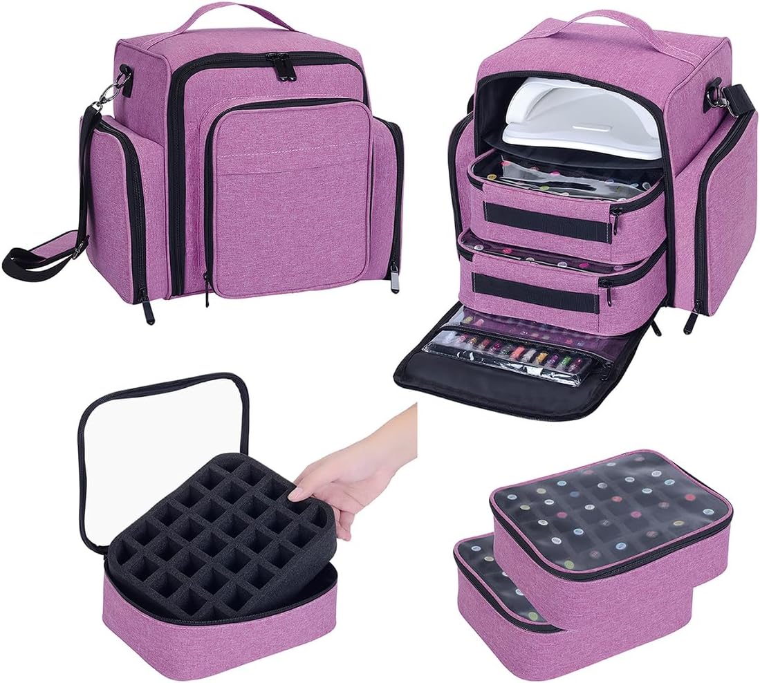 Nail Polish Organizer Box - 60 Bottle Portable Storage with 2 Detachable Bags | Purple for Nail Tools & Cosmetics