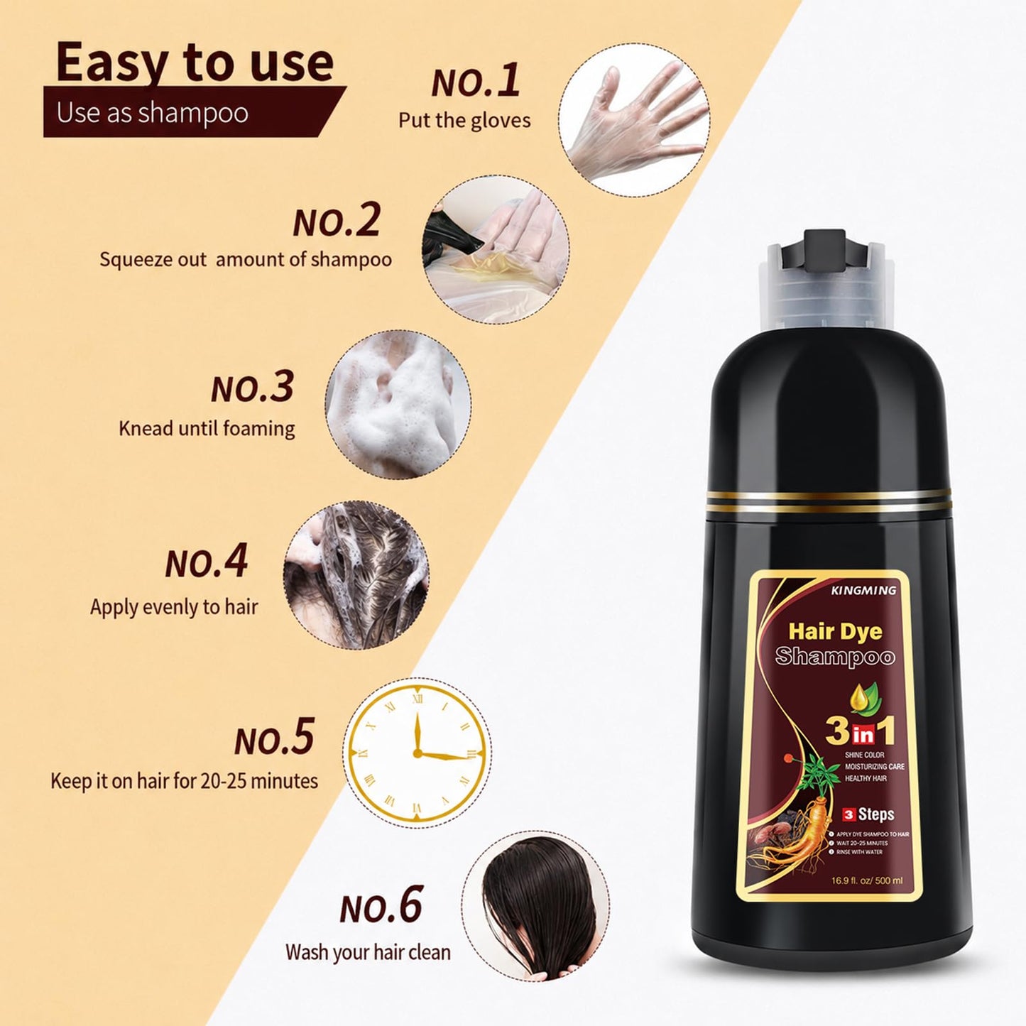KINGMING Dark Brown Herbal Instant Color Shampoo for Gray Hair Coverage for Women & Men - 3 in 1 Champu Con Tinte Para Canas 500ml
