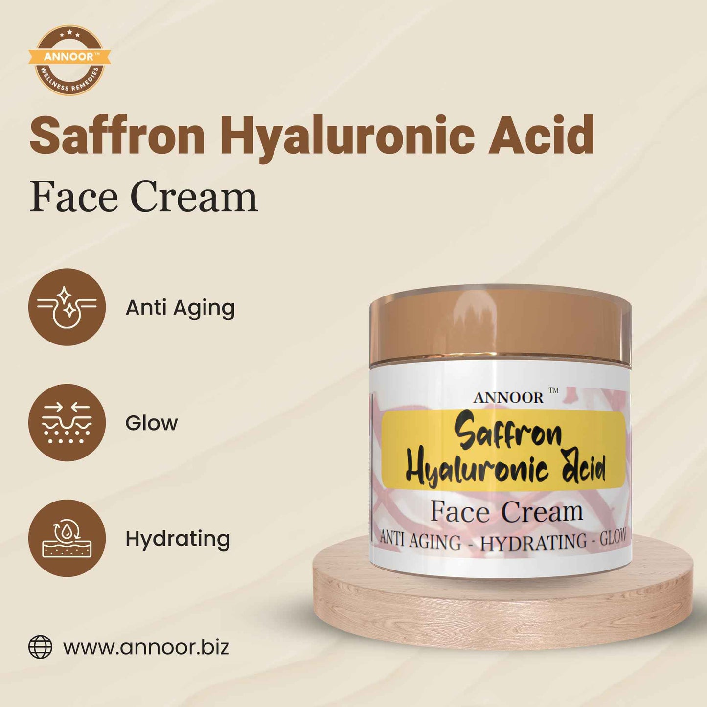 Annoor Saffron and Hyaluronic Acid Face Cream 3 Oz | Anti-Aging - Hydrating - Glowing