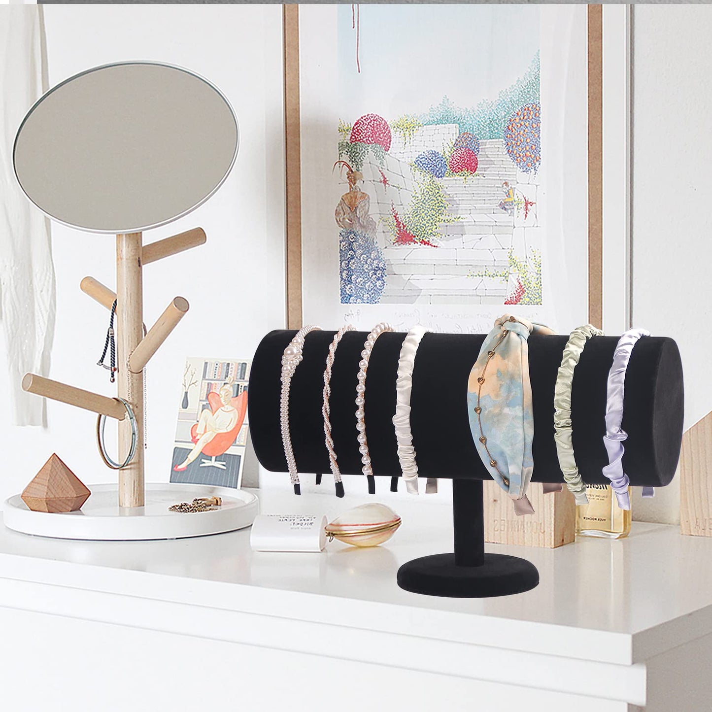 Coward T-Bar Beige Headband Holder Organizer,Hairband Display Stand,Hairband Storage Rack for Girls And Women (detachable black velvet)