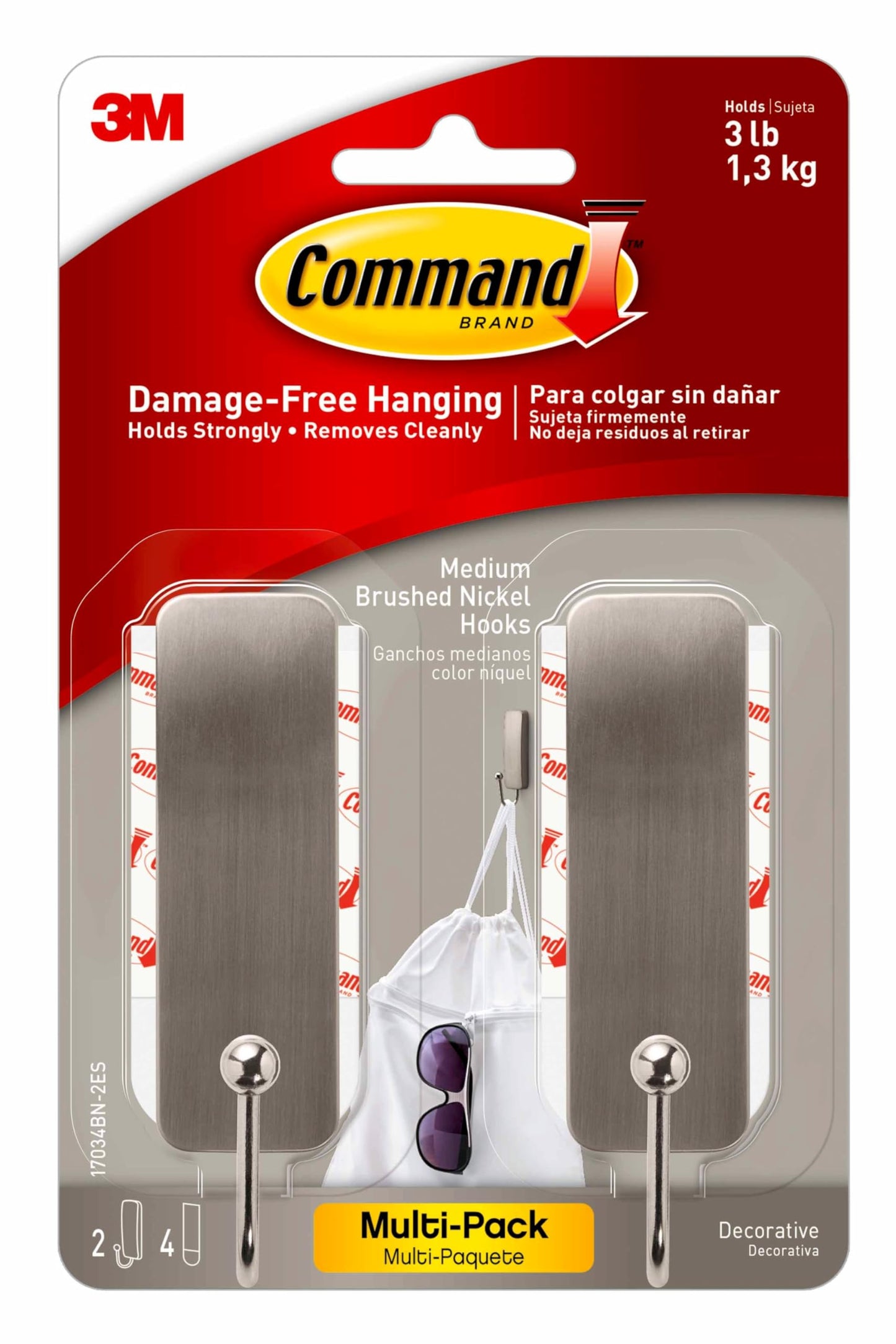 Command Medium Brushed Nickel Wall Hooks, 2 Coat Hooks and 4 Command Strips, Damage-Free Hanging with Adhesive, No Tools Great for Hanging Home Decor, Holds up to 3 lb