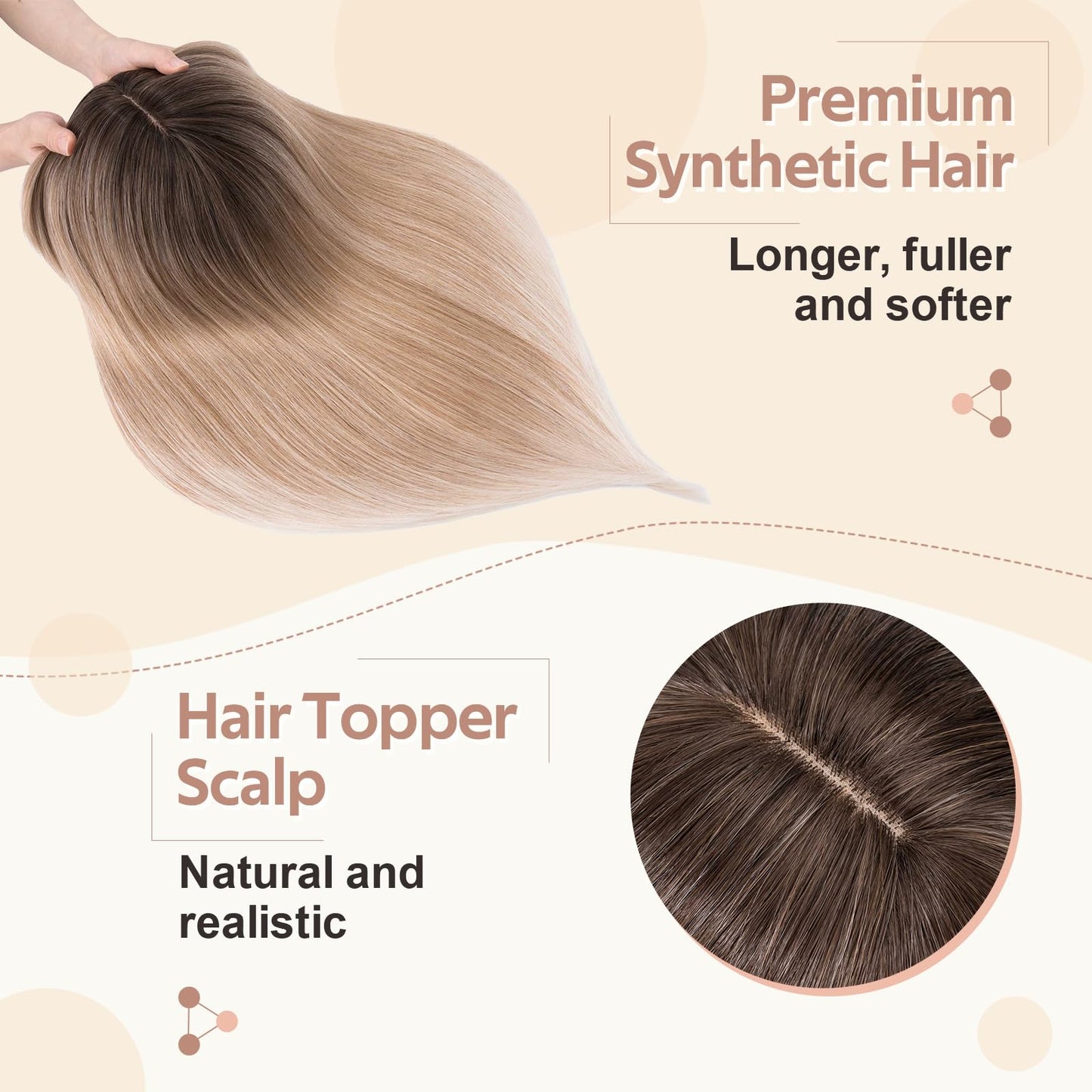 SEGOHAIR Synthetic Hair Topper for Women, 6"x6" Lace Base, Covers Gray Hair, Thinning, High Hairlines, Soft Natural Straight, 4 Clips, Center Parted Bangs 18" Mixed Blonde to White with Dark Root