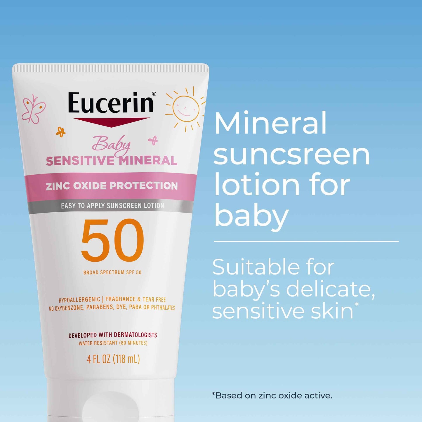 Eucerin Sun Sensitive Mineral Baby Sunscreen Lotion SPF 50 with Zinc Oxide Protection, Hypoallergenic Mineral Sunscreen for Babies, Tear Free and Fragrance Free, 4 Fl Oz Tube