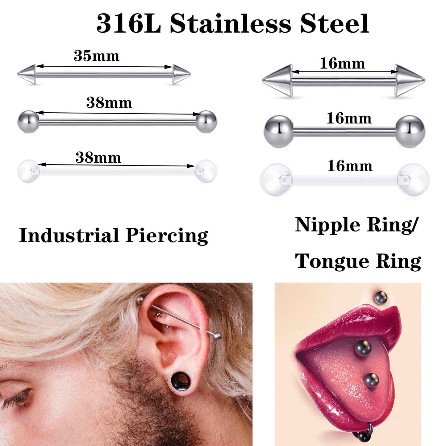DJCIW 90PCS Piercing Kit, Stainless Steel 14G 16G 18G Piercing Needles Kit Ear Nose Tongue Tragus Cartilage Daith Eyebrow Belly Button Rings Lip Nipple Clear Retainer Piercing Jewelry