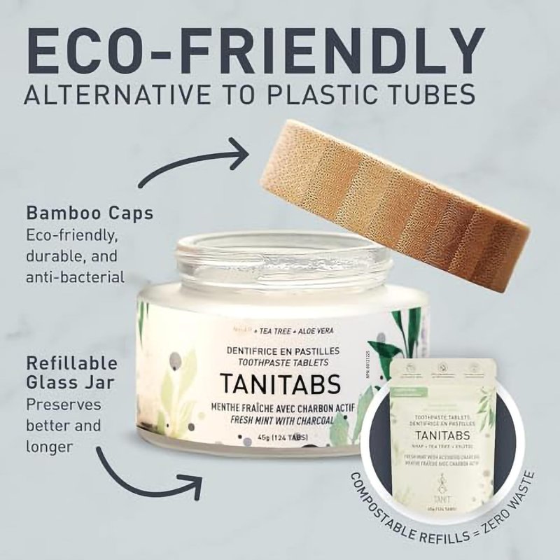 Tanitabs Mint Charcoal Toothpaste Tablets, Fluoride-Free, Natural Toothpaste for Gum and Teeth Care, Zero-Waste Travel Toothpaste Tabs in Bamboo Jar, Natural Mint Flavor, 124 Tablets - Tanit