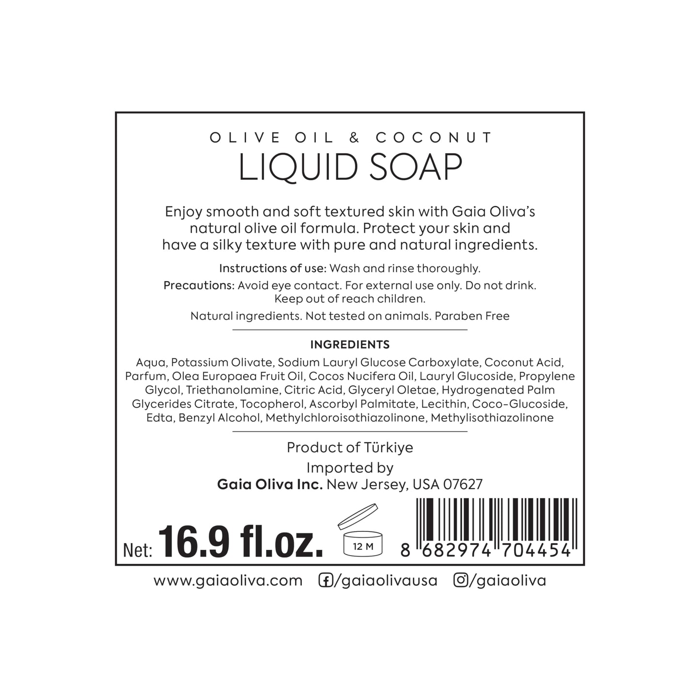 GAIA Oliva Olive Oil Hand Soap Liquid – Luxury Moisturizing Liquid Hand Soap for Bathroom & Kitchen, Natural Ingredietns for Dry, Cracked Hands with Coconut Scent – 16.9 FL OZ Bottle (Pack of 2)