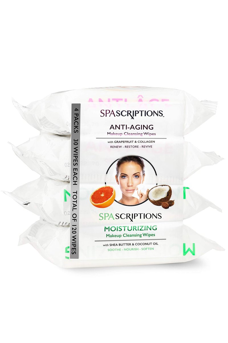 Spascriptions Cleansing Makeup Removal Wipes Bulk - Great for travel toiletries - 120 Count (4-Pack) (AntiAging/Moisturizing)