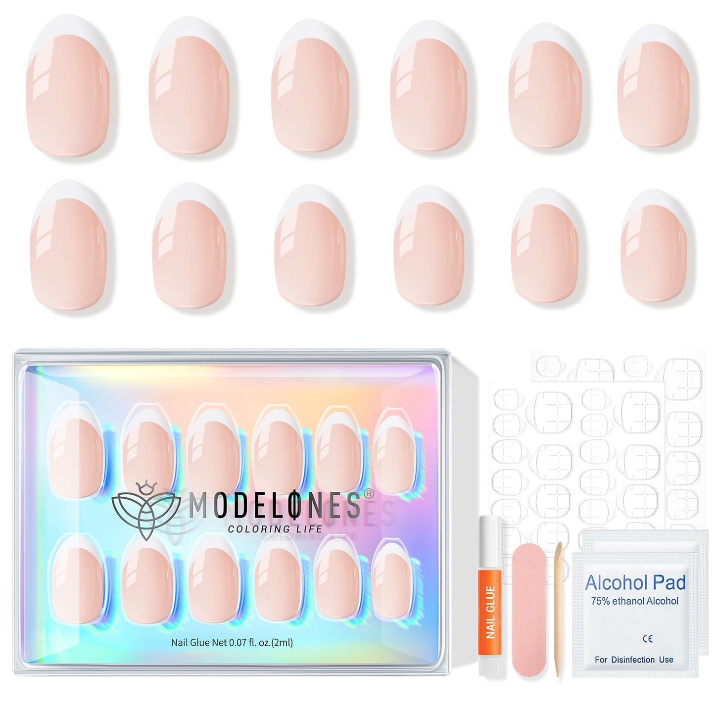 modelones French Tip Press On Nails, Short Oval Fake Nails Press Ons with Nail Glue, Adhesive Tabs, Nail File, Prep Pad, Manicure Stick, 32Pcs 16 Sizes, Nude, Summer Women Girl Gift