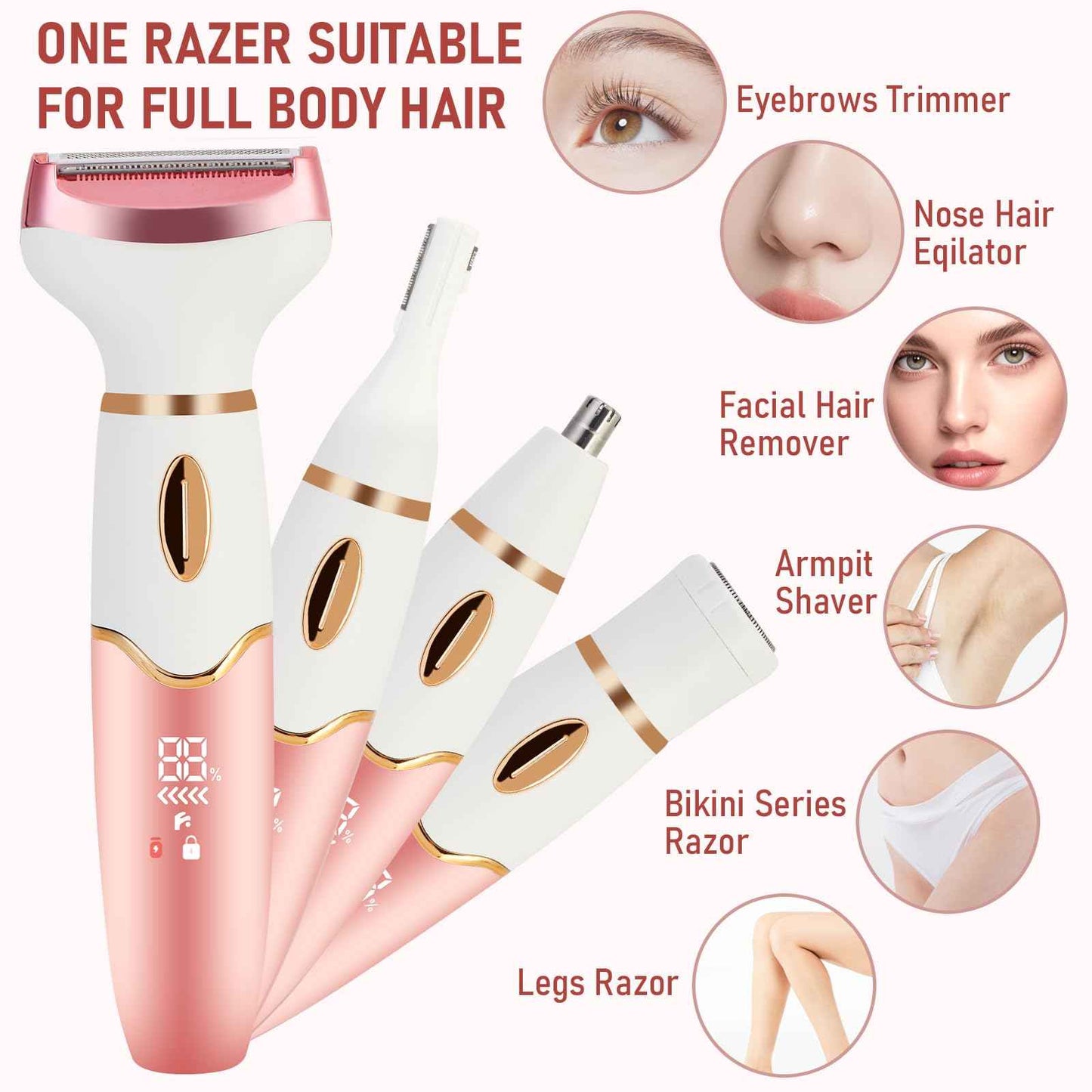 Women Electric Razors Shavers, Lady Bikini Trimmer 4 in 1 Electric Shaver Razor for Women Waterproof Wet/Dry Face Razors for Nose Eyebrow Arms Underarm Legs Pubic Area Painless Facial Hair Removal