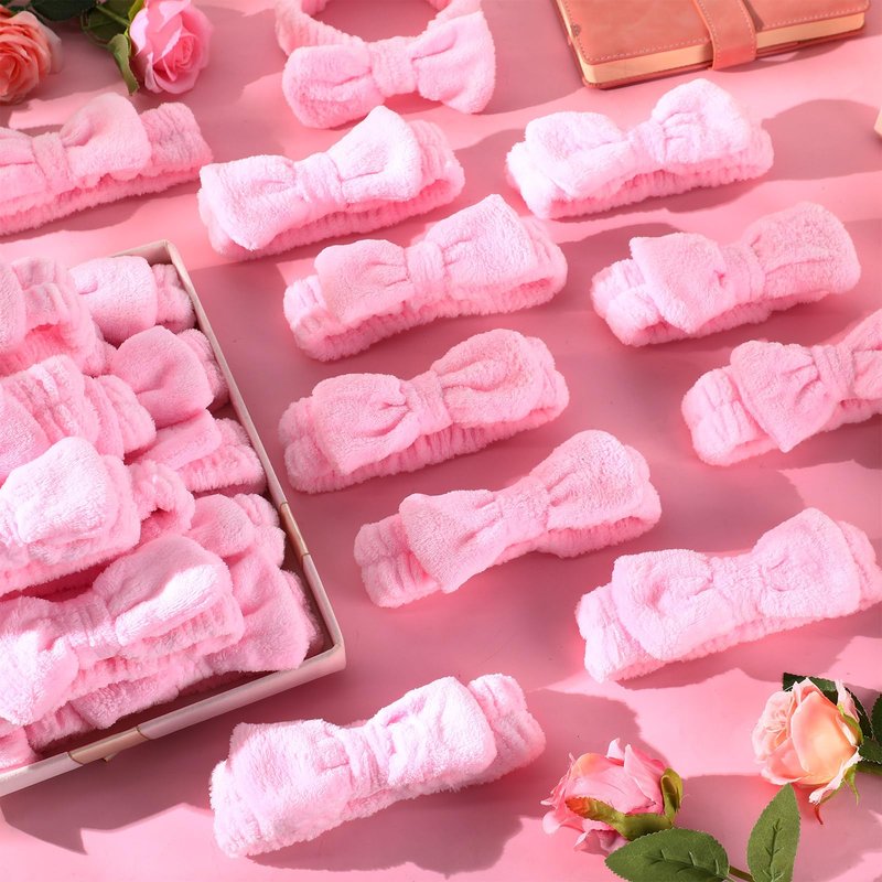 Wavyknot 25 Pcs Pink Spa Headband Bulk Pink Makeup Headbands for Washing Face Cute Bow Hairbands Soft Coral Fleece Hairbands for Women Face Skin Care Makeup Spa Gift Shower Yoga