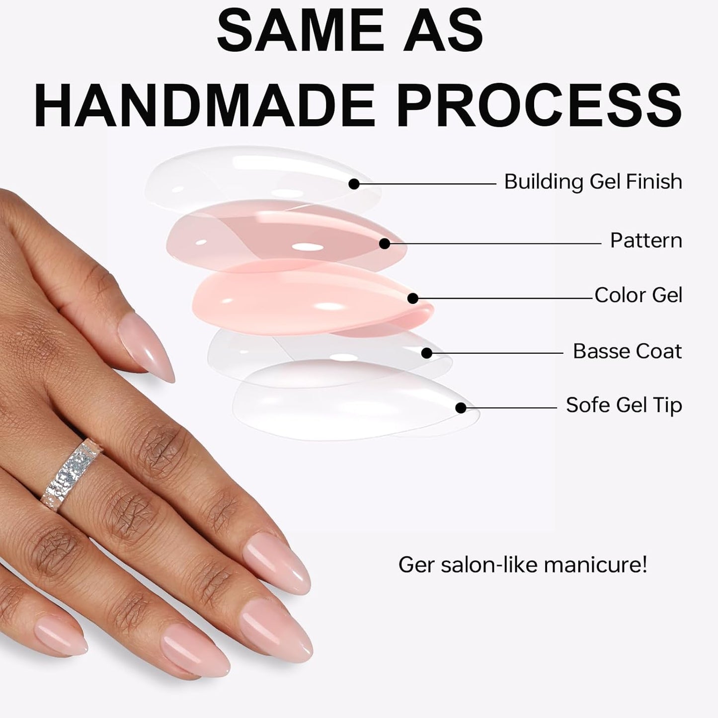 French Almond Gel Press On Nails Short 16 Sizes Fake Nails Glossy 32pcs, Nail Glue Included
