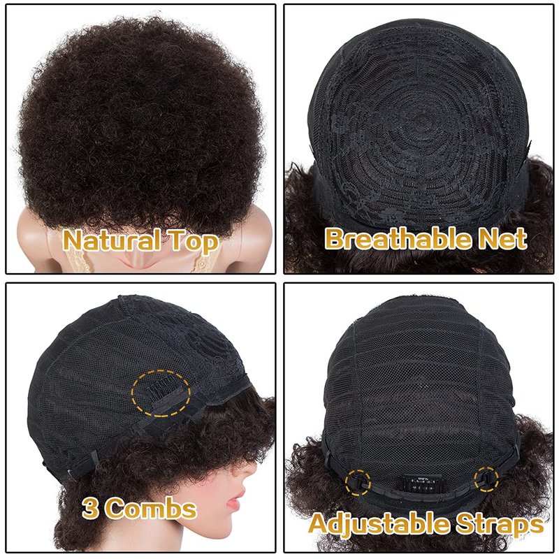 Joedir HAIR Short Afro Human Hair Wigs for Black Women Natural Black Afro Curly Wig Soft and Bouncy Glueless Wig 130% Density (Color: Natural)