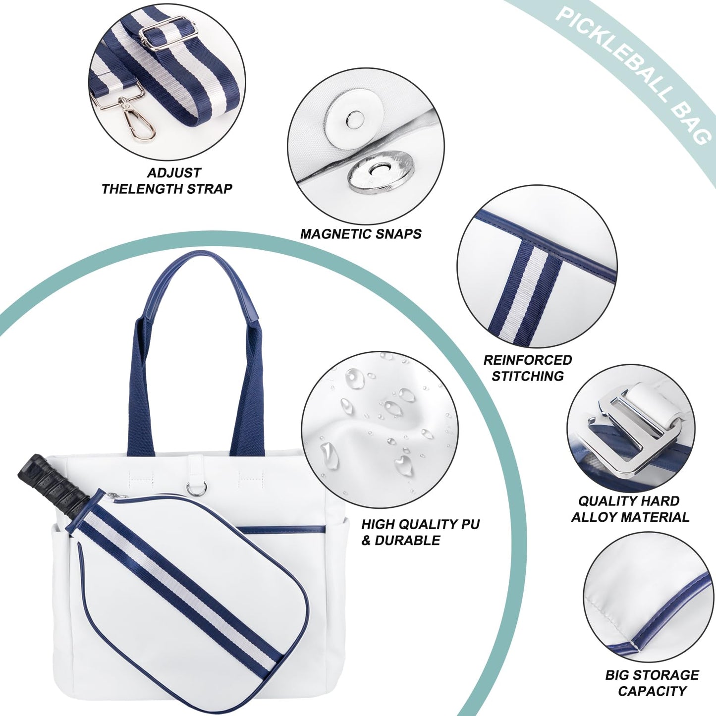 MetroTesco Pickleball Bag for Women Men, PU Leather Sports Pickle Ball Bags, Crossbody Sling Tote with Removable Shoulder Strap, Gift for Pickleball Enthusiasts (Navy White)