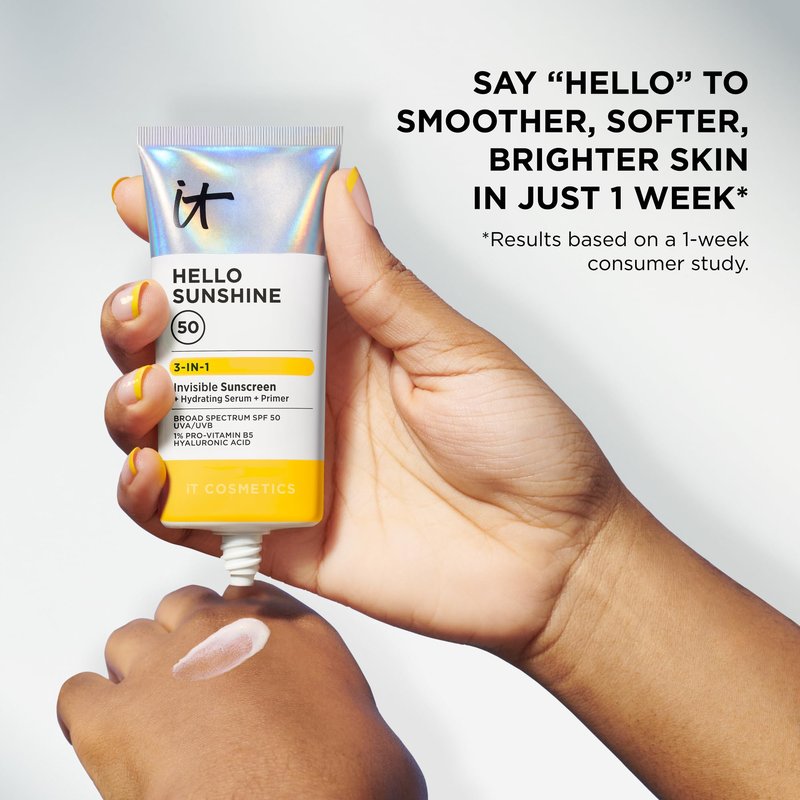 IT Cosmetics Hello Sunshine Invisible Sunscreen for Face SPF 50 - Sunscreen, Hydrating Serum & Makeup Primer - 1% Pro-Vitamin B5 & Hyaluronic Acid - HSA/FSA Eligible - No White Cast - 1.69 fl oz