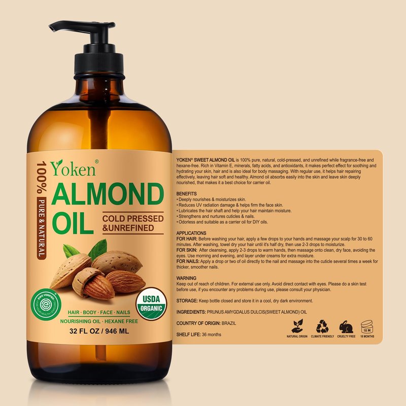 Yoken Organic Almond Oil 32 fl oz 100% USDA Pure Cold Pressed Glass Bottle Almond Oils for Skin, Hair, Face, Body Moisturizer, Smooth and Soft Skin, Base Carrier Oil for DIY, Massage